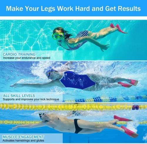 Vista 6 de Gintenco Aletas de natación para niños, aletas de entrenamiento de natación para natación, aletas de tamaño de viaje con bolsa de malla, aletas