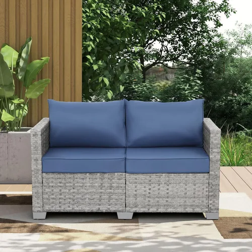 Vista 2 de WAROOM Sofá de mimbre para patio al aire libre, sofá pequeño de mimbre de 2 plazas, muebles de balcón, asiento profundo, asiento de porche, cojín