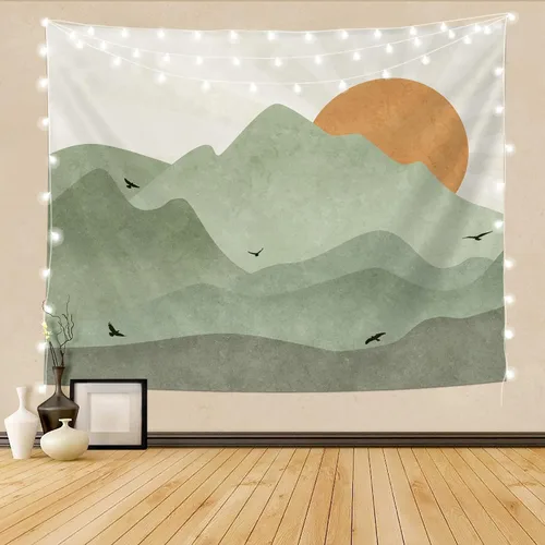 Vista 7 de SUOTEMEIFEI Tapiz bohemio verde salvia con sol de montaña, arte simple, paisaje de puesta de sol, paisaje, abstracto, estético, decoración de pared