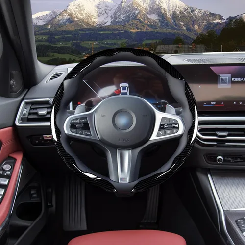 Vista 2 de Juego de fundas para volante de automóvil, funda de fibra de carbono brillante, antideslizante, 3 piezas, accesorios para volante de 14.5-15 negro