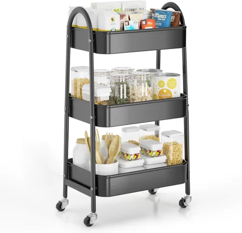 Vista 11 de EAGMAK Carrito rodante de 3 niveles, carrito de almacenamiento de metal grande con asa y ruedas con cerradura, organizador de almacenamiento