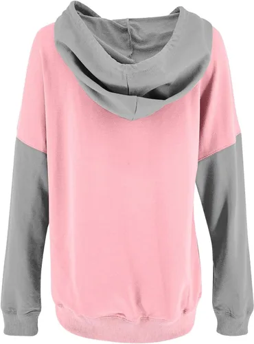 Vista 3 de Sudaderas con capucha para mujer, de gran tamaño, manga larga, con botones, cuello en V, estampado de letras, versátil sudadera de ocio con bolsillo