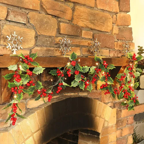 Vista 3 de Guirnalda de Navidad iluminada de bayas rojas de 9 pies, guirnalda de Navidad operada por batería con luces, guirnalda artificial flexible