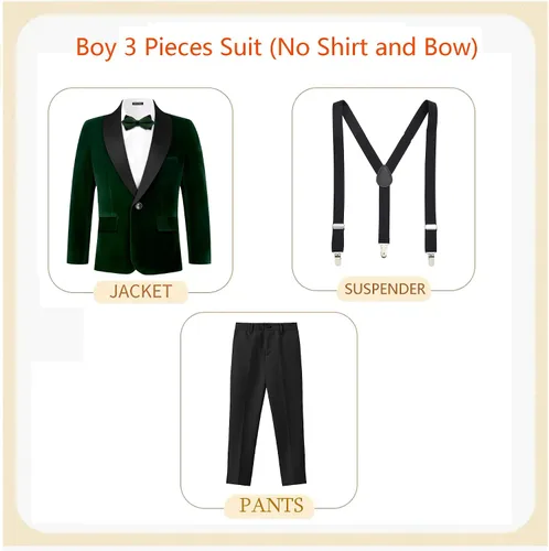 Vista 2 de MAGE MALE Traje de terciopelo de 3 piezas para niños, conjunto de chaqueta de varios colores para boda, graduación, fiesta, esmoquin con tirantes