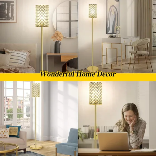 Vista 6 de Lámpara de pie dorada, lámpara de pie de cristal con pantalla decorativa, lámpara de pie con interruptor de pie de encendido/apagado y base E26