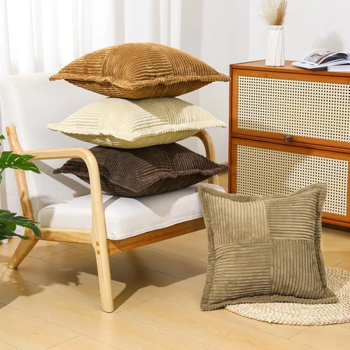 Vista 6 de Lewondr - Juego de 4 fundas de almohada de pana de 20×20 pulgadas, fundas de almohada cuadradas suaves, fundas de almohada decorativas con rayas