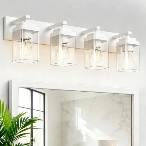 Vista 33 de Lámparas blancas para baño, 2 luces de baño, accesorios de iluminación sobre el espejo, diseño cuadrado y placa trasera grande rectangular