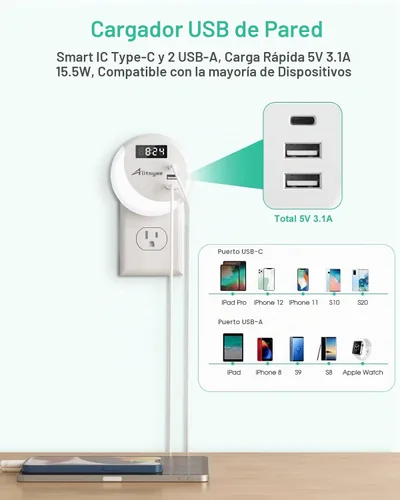Vista 2 de Alitayee Luz nocturna LED, luces nocturnas enchufables a la pared, luz nocturna inteligente con sensor de luz nocturna con cargador USB C