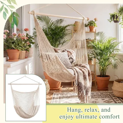 Vista 4 de Barydat - 2 sillas colgantes tipo hamaca estilo bohemio, para exteriores e interiores, cómoda cuerda de algodón suave con barras de metal Beige