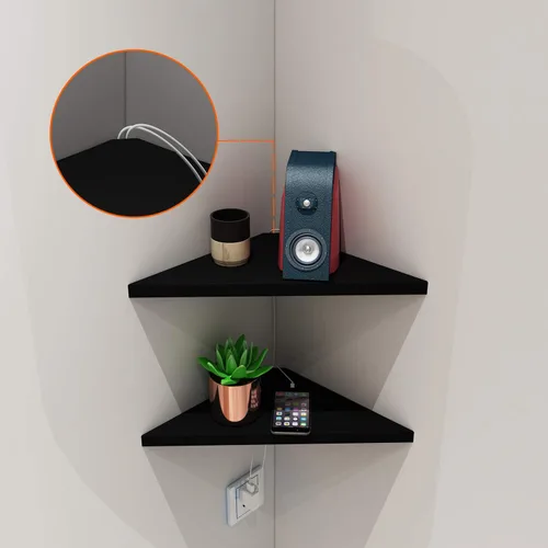 Vista 5 de evron Juego de 2 estantes de montaje de esquina, estantes de pared flotantes fáciles de instalar con acabado de grano de madera, plástico ABS