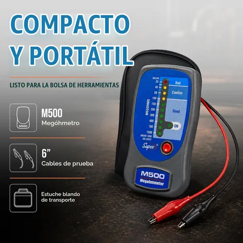 Vista 6 de Supco M500, medidor de aislamiento, megóhmetro electrónico con estuche suave portátil, de 0 a 1000 megohms