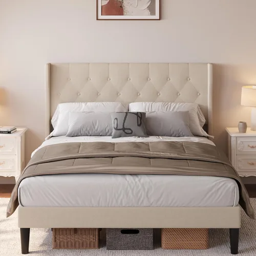 Vista 9 de Aiho - Base de cama tapizada de tamaño matrimonial con cabecera con respaldo de ala, color gris oscuro Button Tufted Headboard, Wood Slat Support