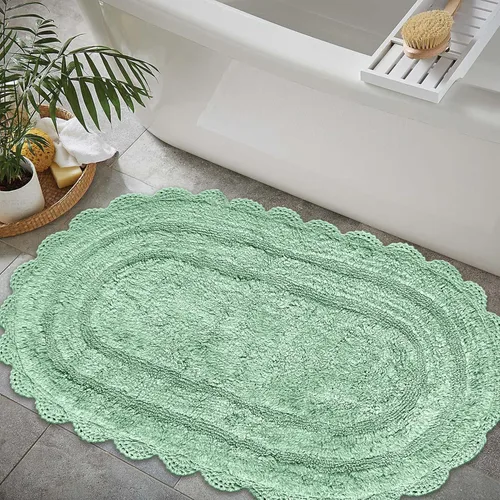 Vista 30 de Chardin home Alfombra de baño de ganchillo beige, alfombra de baño ovalada 100% algodón con borde de ganchillo artesanal hecho a mano, alfombra