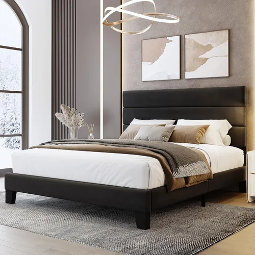 Vista 13 de WEEWAY Base de cama tamaño individual con cabecera tapizada de tela de lino y soporte de listones de madera, base de colchón resistente, no necesita