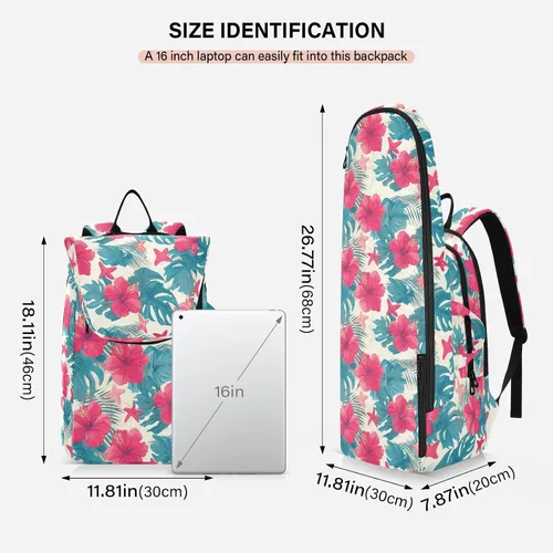 Vista 3 de Mochila de tenis para adultos, gran almacenamiento, hojas tropicales, flores de hibisco rojo, estrellas de mar, estilo hawaiano, bolsa de raqueta