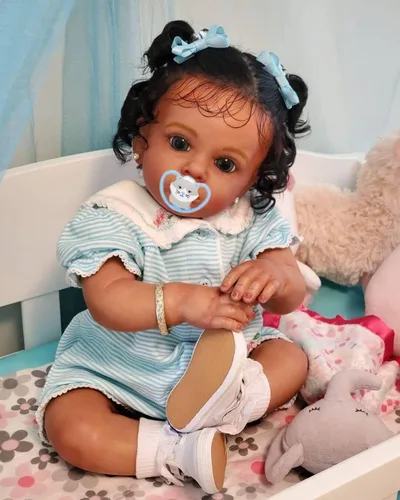 Vista 4 de Angelbaby Muñecas de bebé recién nacidas realistas de niña negra con pelo de 24 pulgadas, muñeca de bebé recién nacida afroamericana con aspecto