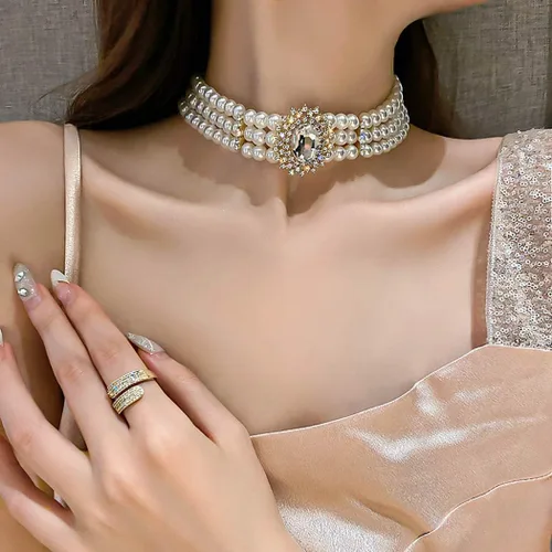 Vista 3 de ELABEST Collar de perlas para mujer, collar de diamantes de imitación, gargantilla de perlas de moda, cadena de tenis de moda, joyería de dama
