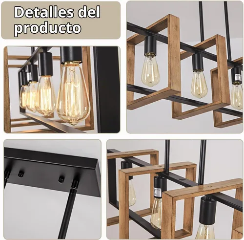 Vista 6 de Lámpara colgante de comedor de granja, para isla de cocina, rústica, 4 luces, madera y metal negro, lámpara rectangular para colgar en el techo
