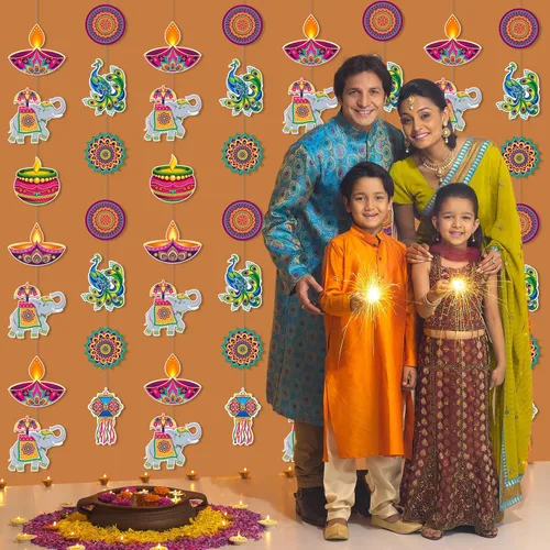 Vista 5 de Ceenna 8 piezas de decoración colgante Happy Diwali suministros de decoración india festival de luces colgante banner de sutura Deepavali papel