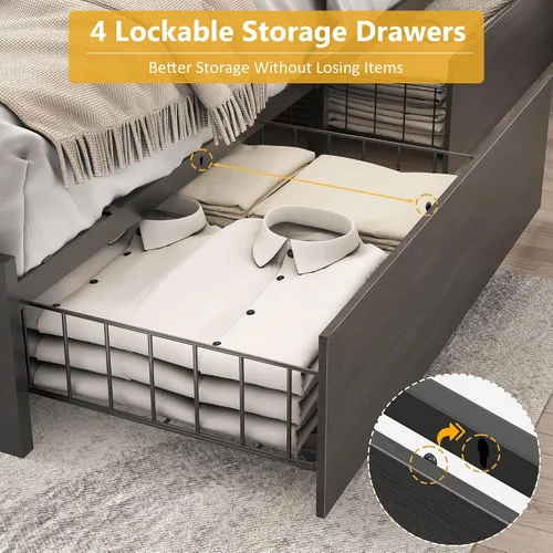 Vista 6 de Lifezone Base de cama Queen con cabecera de almacenamiento de 2 niveles, base de cama de plataforma de metal con 4 cajones de almacenamiento, gris