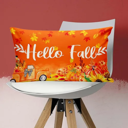 Vista 2 de Hello Fall - Fundas de almohada de camión de bienvenida de Acción de Gracias, otoño, calabaza, cosecha, hojas de arce, fundas de almohada