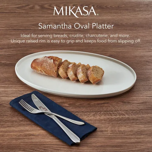 Vista 4 de Mikasa Samantha - Bandeja de porcelana de hueso ovalada ligera resistente a las astillas, 14 pulgadas, blanca