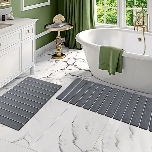 Vista 14 de Paquete de 1 tapete de baño plegable de piedra para baño, tapete de baño gris súper absorbente de tierra de diatomeas, alfombra de ducha