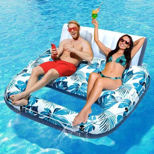 Vista 10 de JCLEAL Flotadores de piscina para adultos de 1-2-3 personas, tumbona inflable extra grande, silla reclinable reclinable con respaldo, reposapiés
