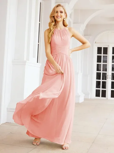 Vista 3 de Numbersea Vestido de dama de honor de gasa para mujer, largo, sin mangas, formal, con abertura en la espalda