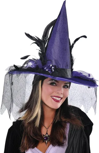 Vista 2 de Sombrero de bruja de plumas moradas de lujo, 1 unidad, diseño audaz y fascinante, perfecto para accesorio de Halloween, talla única