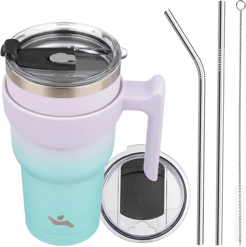 Vista 28 de Konokyo - Vaso de 10 onzas con asa y 2 popotes, 2 tapas, botella de agua aislada de acero inoxidable, taza de viaje reutilizable, color verde militar