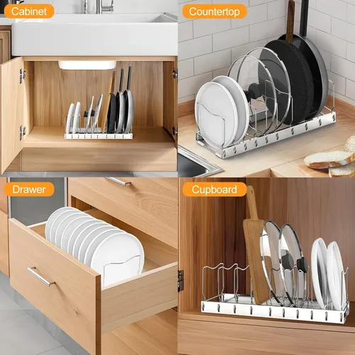 Vista 5 de FLSEPAMB Organizador de sartenes - Organizador de tapa de olla ajustable para cocina, organizador de tapa de olla resistente, para debajo