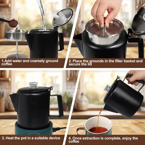 Vista 9 de Percolador de 6 Tazas de Acero Inoxidable 304 Cafetera Máquina de Café con Mango de Madera Sólida Perilla Transparente Estufa Greca Mocha