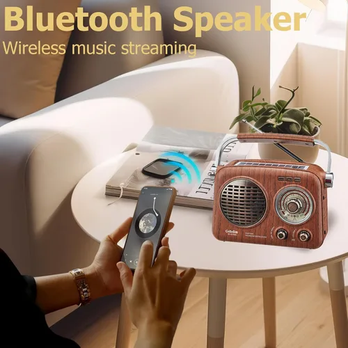 Vista 5 de Gelielim Radios Portátiles AM FM SW, Radio Bluetooth Vintage con Sonido Cristalino, Radio Recargable con Batería, Radio Pequeña Retro con Panel