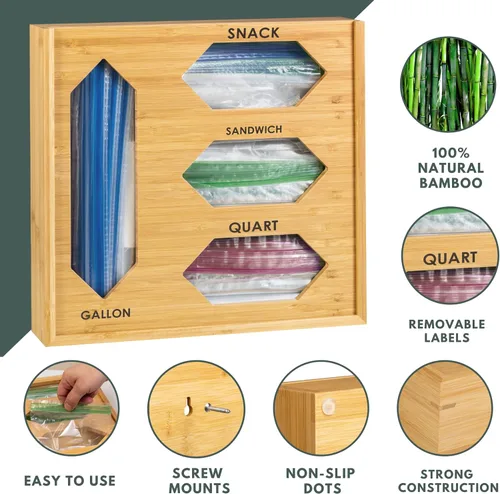 Vista 5 de Organizador de bolsas Ziplock de bambú para cajón de cocina, 4 compartimentos para bolsas de galón, cuarto de galón, sándwich y aperitivos, incluye