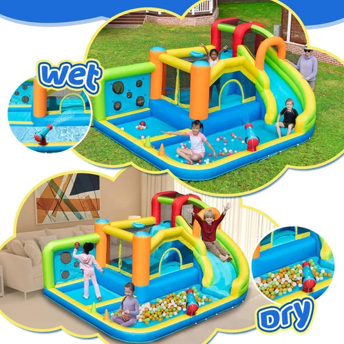 Vista 4 de Doctor Dolphin Casa inflable de rebote de agua, casa inflable para niños grandes, tobogán acuático para patio trasero, parque acuático inflable