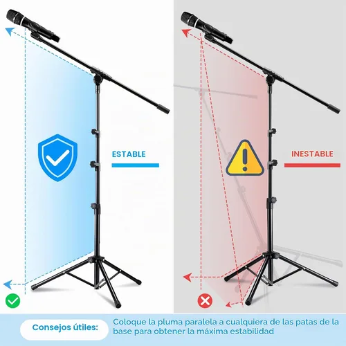 Vista 5 de Paquete de 2 soportes para micrófono, soporte de micrófono trípode Bietrun con altura de boom ajustable, con bolsa de transporte y clips
