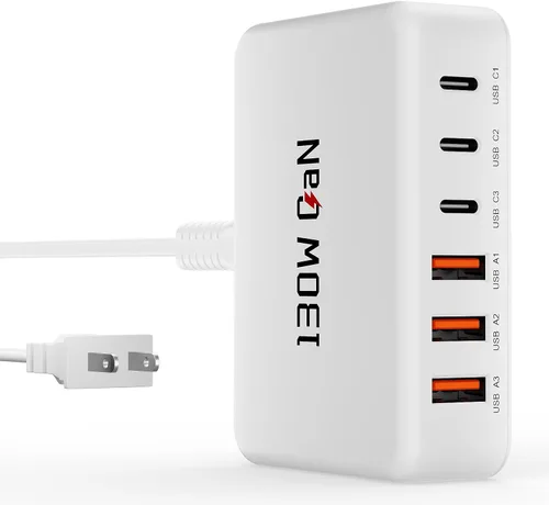 Vista 9 de GaN - Estación de carga de 130 W para múltiples dispositivos, bloque de carga rápida USB C de 6 puertos para iPhone 17 16 15 14 Pro Max, iPad, Negro