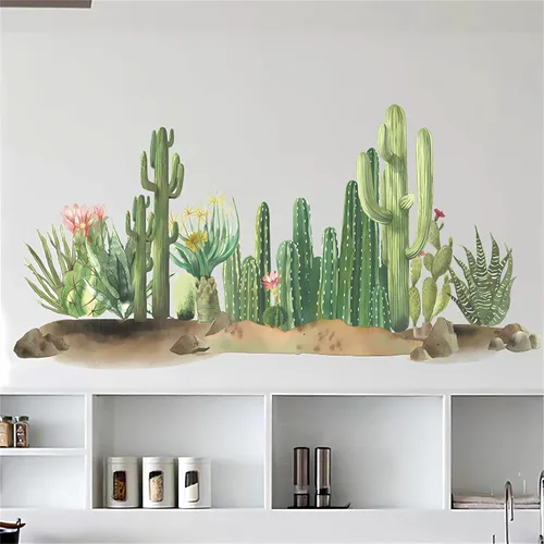 Vista 2 de Calcomanías de pared de vegetación verde de cactus, dunas de arena tropical, calcomanías de pared de plantas verdes, vinilo extraíble para sala