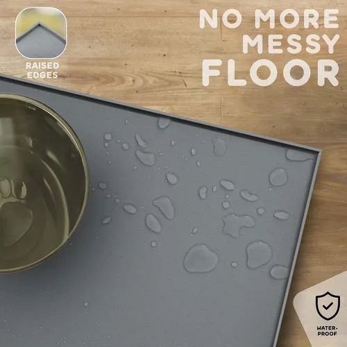 Vista 5 de Tapete grande de silicona para cuencos de comida y agua, bordes elevados para evitar derrames, impermeable, protege el suelo, fácil de limpiar