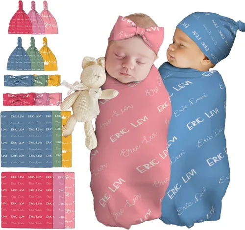 Vista 14 de Juego de manta personalizada para bebé con diadema acogedora y sombrero para niñas y niños recién nacidos, manta personalizada con nombre de bebé