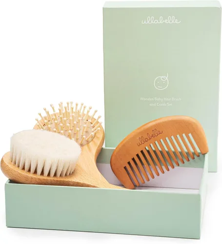 Vista 7 de Ullabelle Juego de 4 cepillos y peine de madera para el pelo del bebé para recién nacidos y niños pequeños en una elegante caja de regalo, pelo