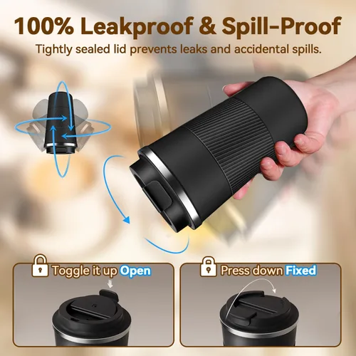Vista 4 de Taza de Café de Viaje de 12 OZ, Taza de Café Aislada con Tapa a Prueba de Derrames y Fugas, Vaso Portátil de Acero Inoxidable Reutilizable para Agua