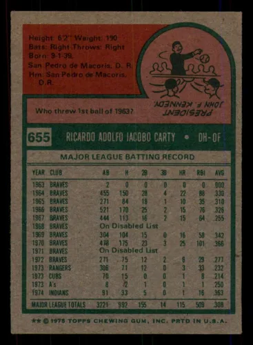 Vista 2 de Baseball MLB 1975 Topps #655 Rico Carty creased Indians