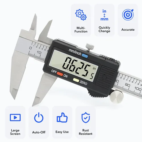 Vista 3 de Calibrador digital de medición precisa, Vizbrite calibrador electrónico de acero inoxidable de 6 pulgadas con nonio y pantalla LCD grande