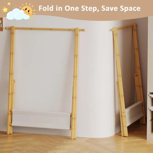 Vista 4 de Perchero de ropa para niños con 2 estantes de tela, soporte plegable para ropa infantil con barra para colgar, organizador de disfraces pequeño