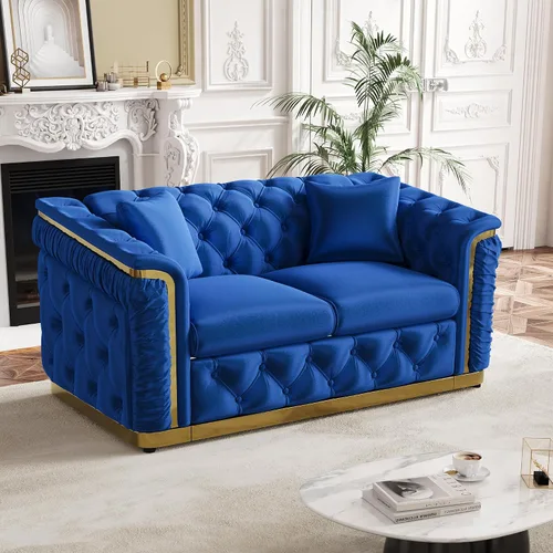 Vista 19 de Sofá de dos plazas Chesterfield de terciopelo de 62.2 pulgadas, sofá de lujo blanco y dorado, beige Gris