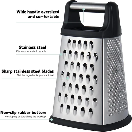 Vista 2 de Kaishun Rallador profesional de queso, rallador de caja de acero inoxidable de 4 caras, triturador de alimentos para queso, parmesano, verduras