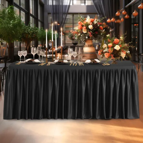 Vista 5 de Manteles de poliéster negro para mesas rectangulares de 4 pies, funda de mesa ajustada sin arrugas de 4 pies con falda para fiestas, bodas