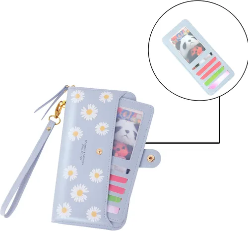 Vista 3 de Cartera de piel para mujer, con bloqueo RFID, bolsillo con cremallera, tarjetero, con ventana de identificación
